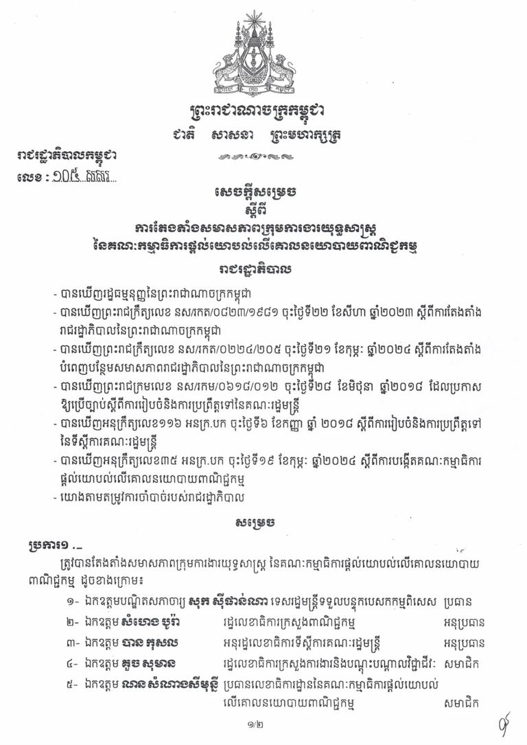 Decision No. 105SSR signed on June 3, 2024, on the Appointment of the Composition of the Srategic Task Force of Trade Policy Advisory Board