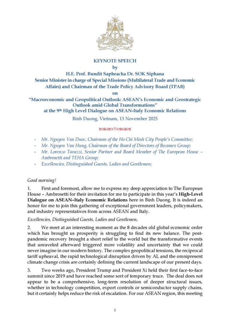 Keynote Speech at the 9th High-Level Dialogue of the ASEAN-Italy Economic Relations