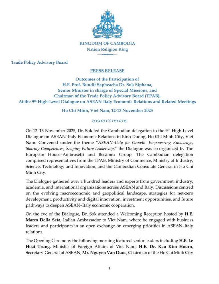 Press Release on the Outcomes of the Participation at the 9th High-Level Dialogue on ASEAN-Italy Economic Relations and Related Meetings.